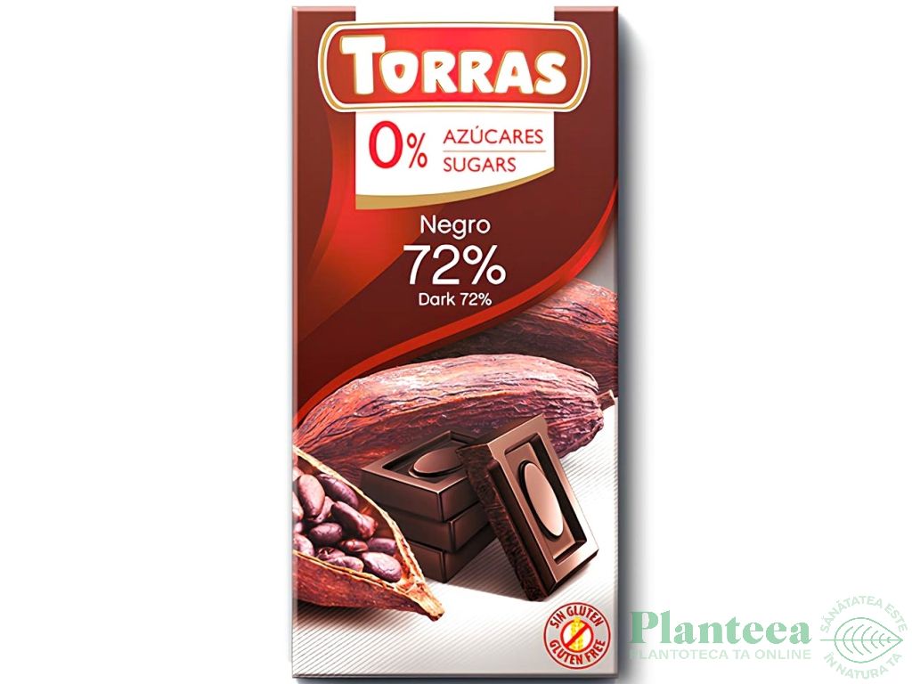 Ciocolata neagra 72%cacao fara zahar fara gluten 75g - TORRAS