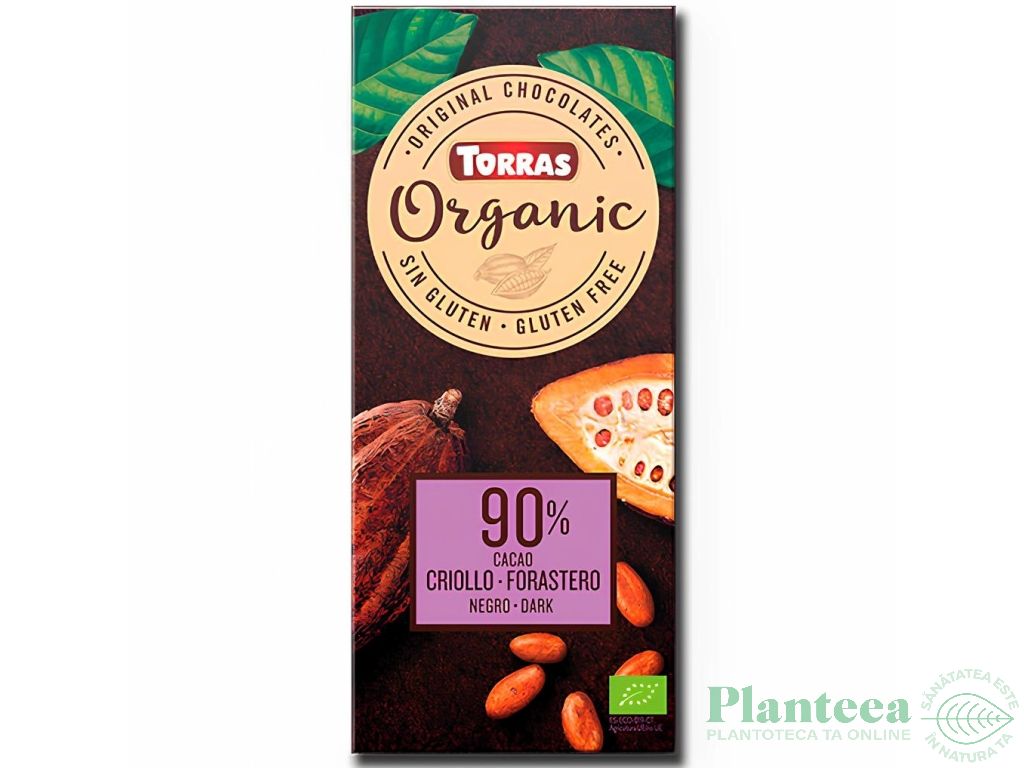 Ciocolata neagra 90%cacao Criollo & Forastero fara gluten Organic 100g - TORRAS