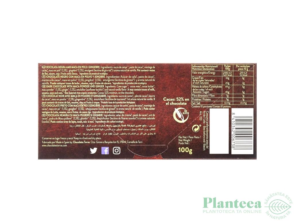 Ciocolata neagra 52%cacao maca ghimbir fara gluten Organic 100g - TORRAS