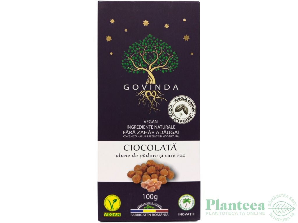 Ciocolata vegana 72%cacao alune padure sare roz fara zahar 100g - GOVINDA