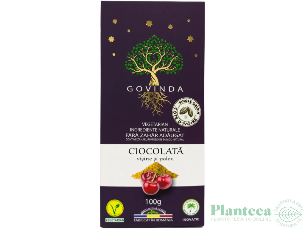 Ciocolata vegetariana 72%cacao visine polen fara zahar 100g - GOVINDA