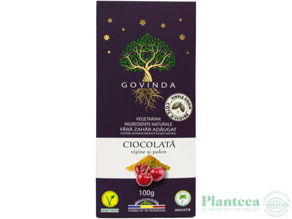 Ciocolata vegetariana 72%cacao visine polen fara zahar 100g - GOVINDA