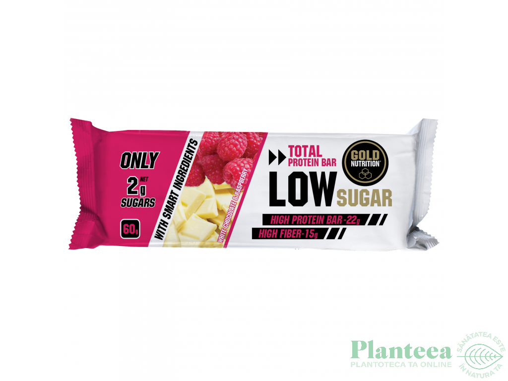 Baton proteic Low Sugar ciocolata alba zmeura 60g - GOLD NUTRITION