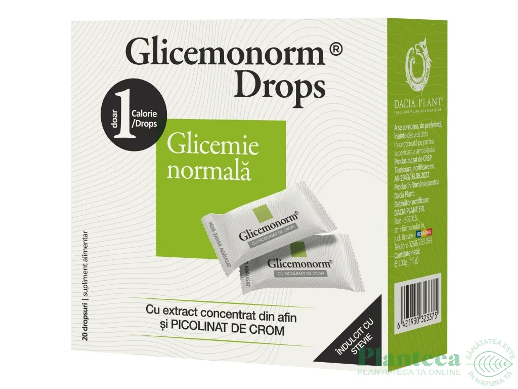 Dropsuri GlicemoNorm afin crom picolinat fara zahar 20cp - DACIA PLANT
