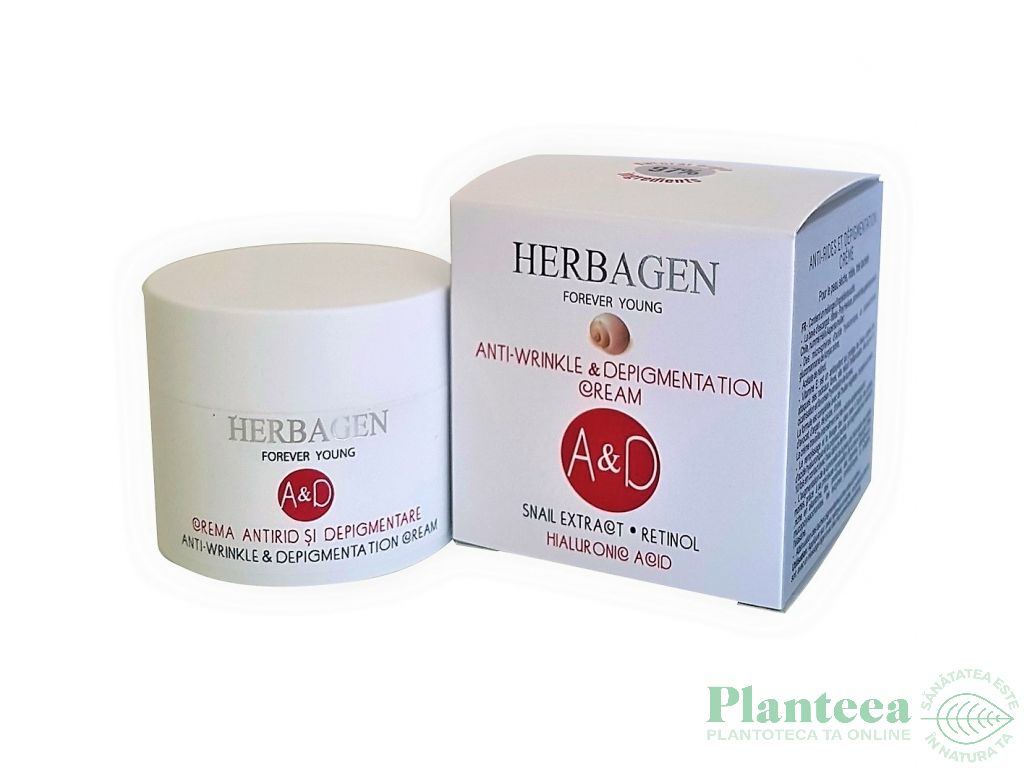 Crema antirid depigmentare extract melc acid hialuronic retinol A&D 50g - HERBAGEN