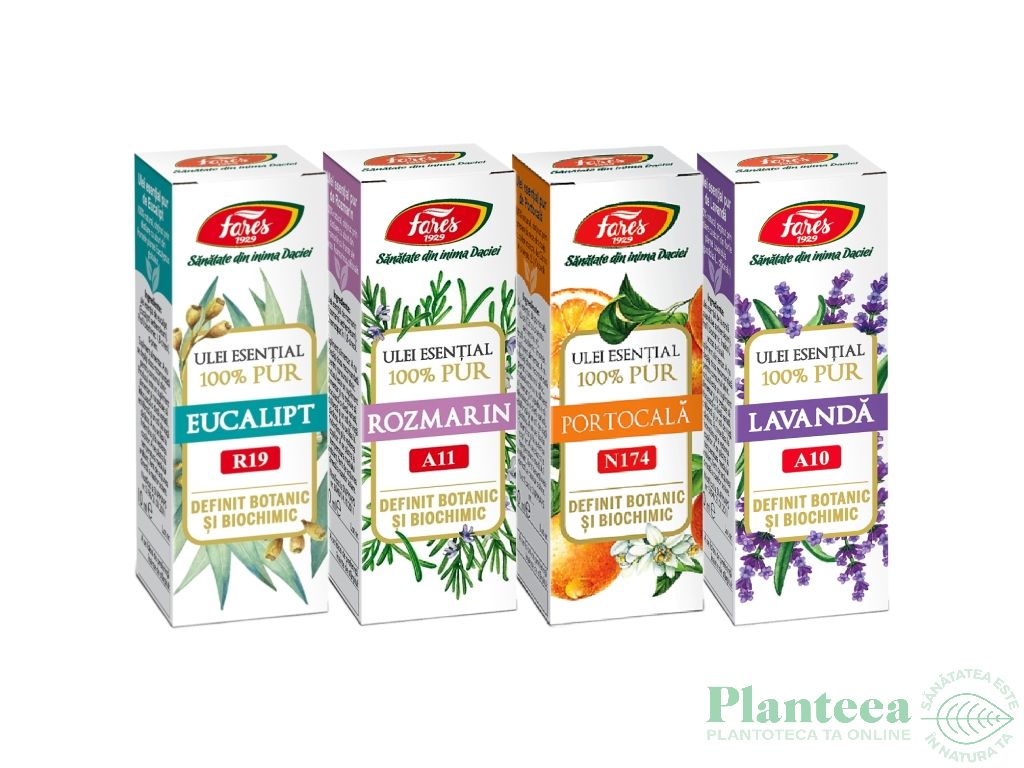 Kit 4 uleiuri esentiale de baza 100% pure 4x10ml - FARES