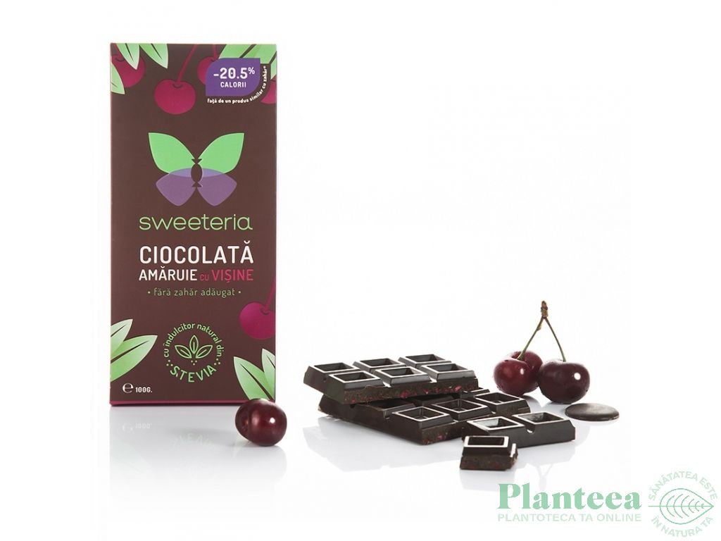 Ciocolata amaruie 70%cacao visine fara zahar 100g - SWEETERIA