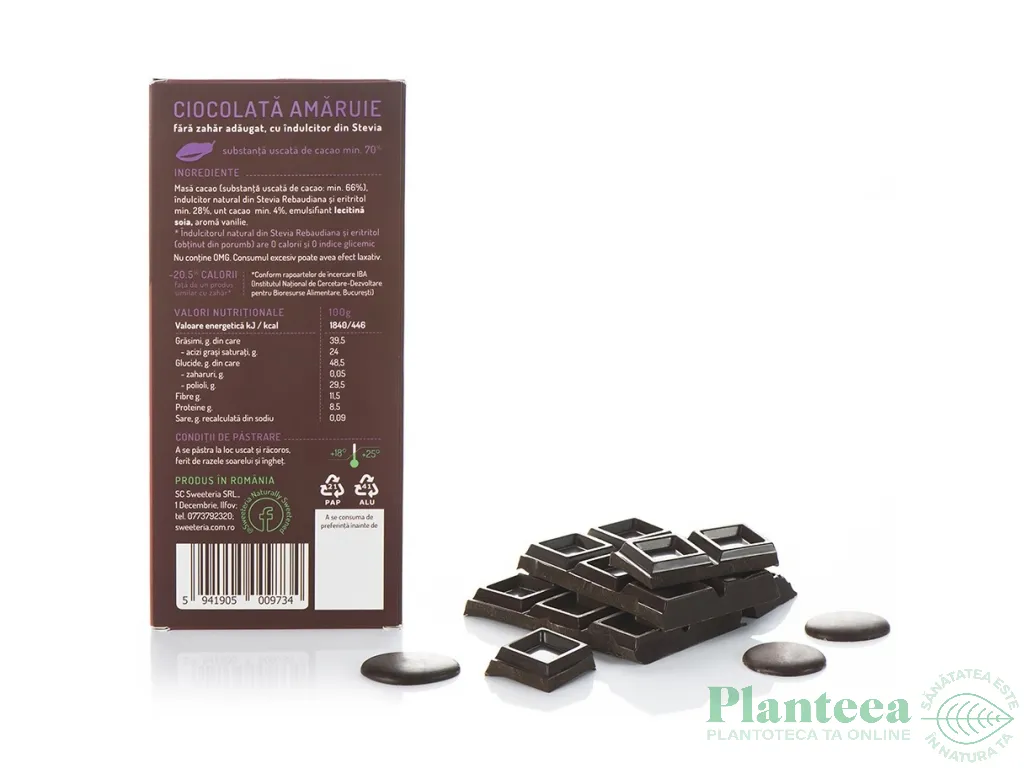 Ciocolata amaruie 70%cacao fara zahar 100g - SWEETERIA