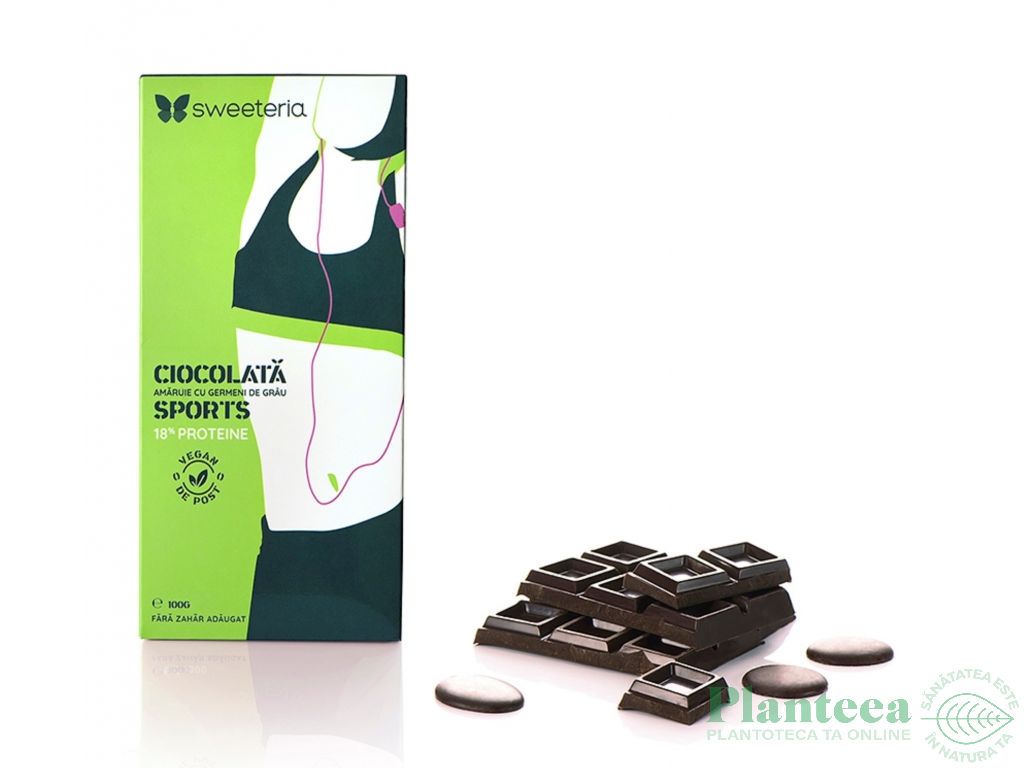 Ciocolata amaruie germeni grau 18%proteine Sports fara zahar 100g - SWEETERIA