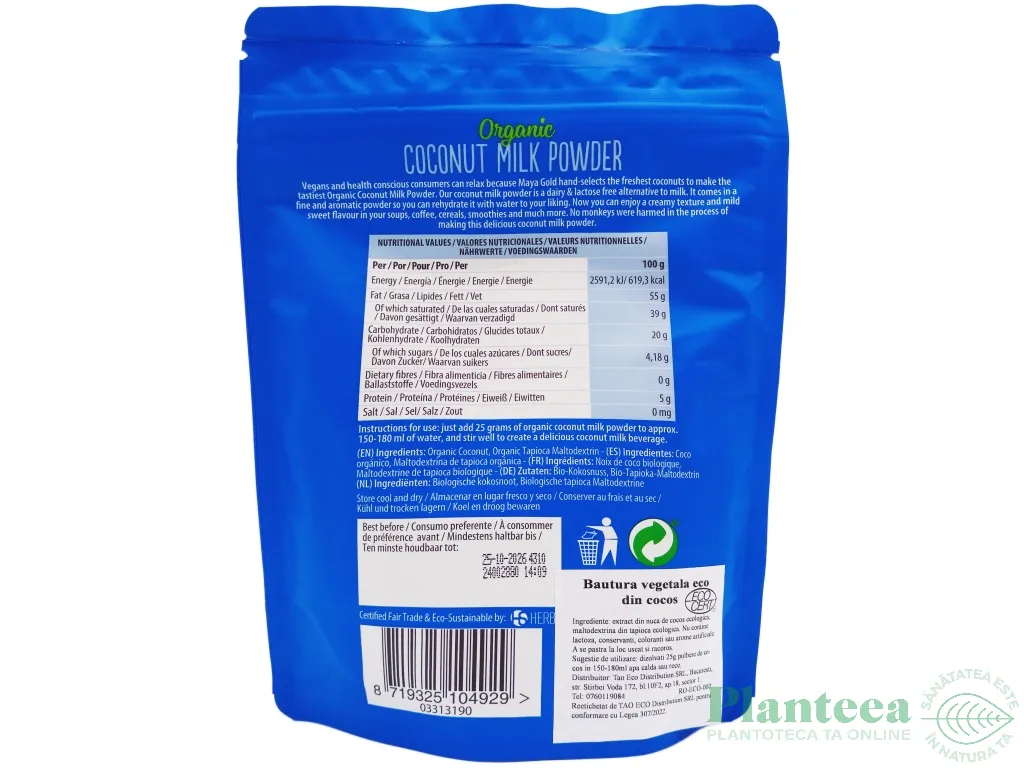Lapte praf cocos eco 250g - MAYA GOLD