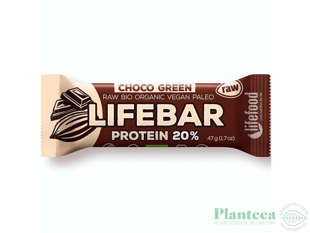 Baton superfood ciocolata proteine verzi raw bio 47g - LIFEBAR