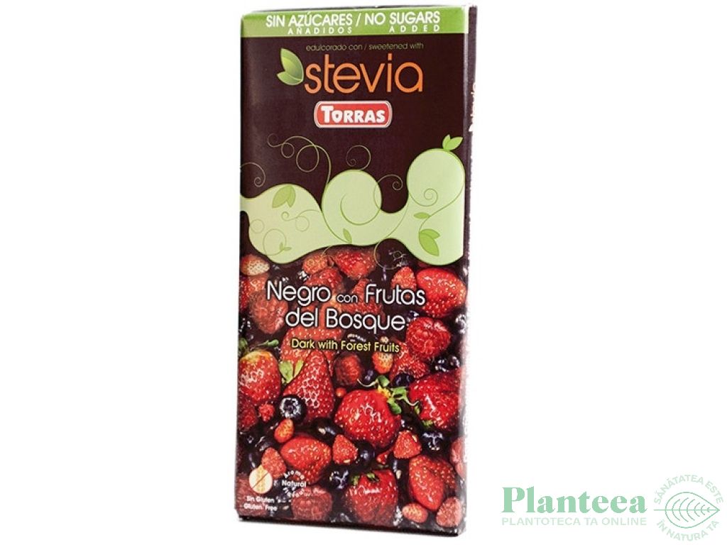 Ciocolata neagra 60%cacao fructe padure fara zahar fara gluten Stevia 125g - TORRAS