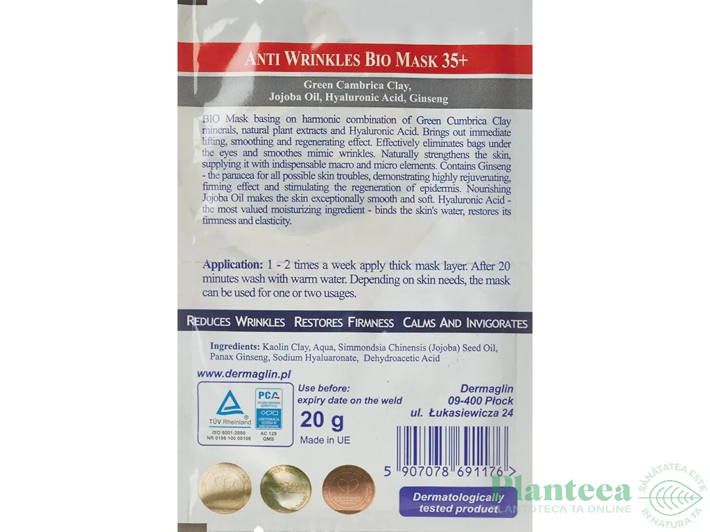Masca antirid femei 35+ argila verde ginseng 2x10g - DERMAGLIN