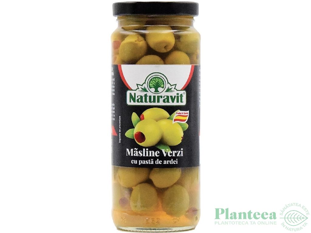 Masline verzi umplute cu pasta ardei in saramura 340g/366ml - NATURAVIT