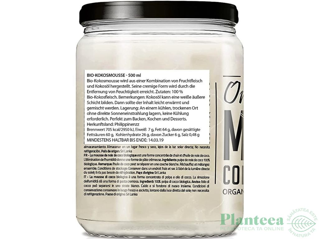 Spuma cocos presat rece eco 500ml - DIET FOOD