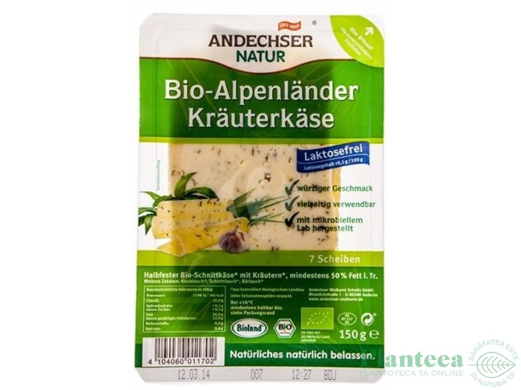 Cascaval Alpenlander fara lactoza verdeturi felii 100g - ANDECHSER