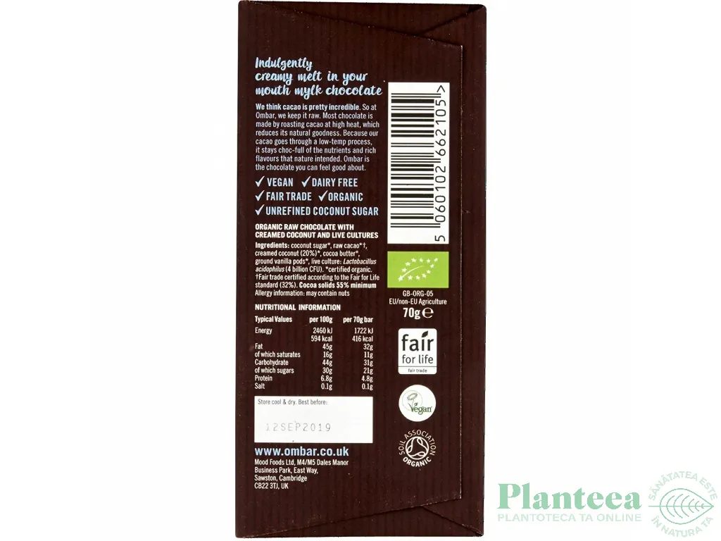 Ciocolata lapte_cocos probiotice raw eco 70g - OMBAR