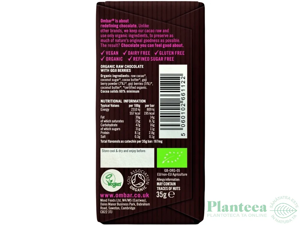 Ciocolata neagra 60% goji raw eco 35g - OMBAR