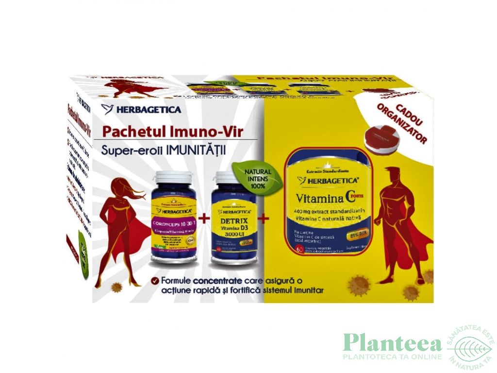 Kit Imuno Vir [Vitamina C forte+Cordyceps+Detrix+cadou organizator medicamente] 2x30cps+60cps - HERBAGETICA