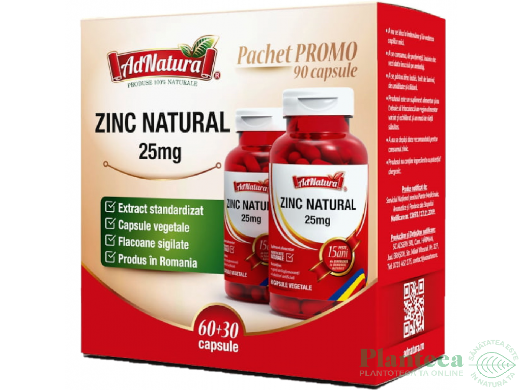 Pachet Zinc natural 25mg 60+30cps - ADNATURA