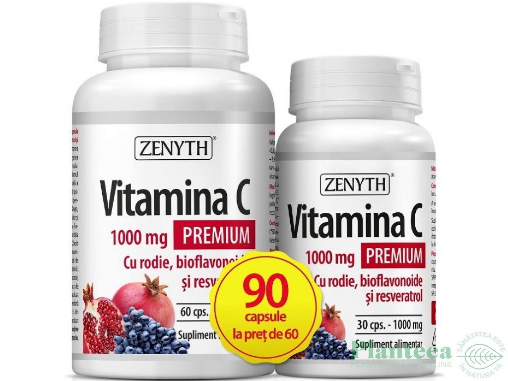 Pachet Vitamina C 1000mg premium rodie bioflavonoide resveratrol 60+30cps - ZENYTH