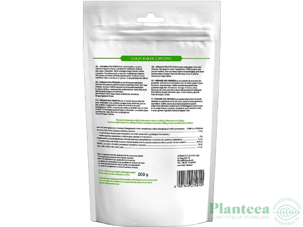 Pulbere proteica mazare izolat bio 200g - DIET FOOD