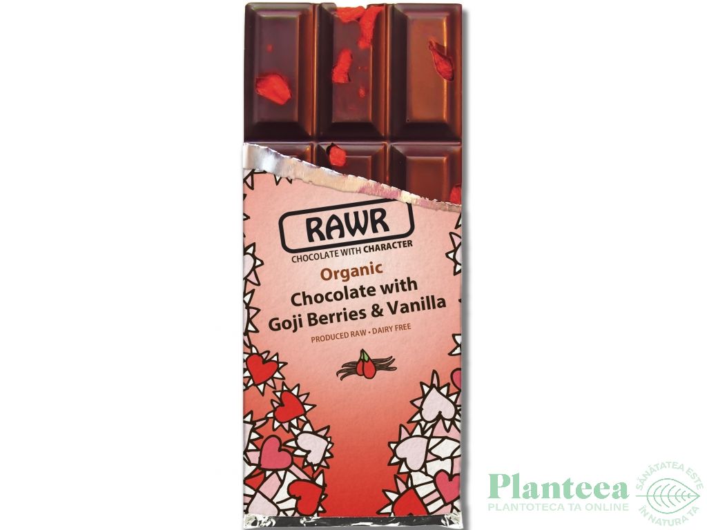 Ciocolata neagra 72%cacao goji vanilie raw eco 60g - RAWR