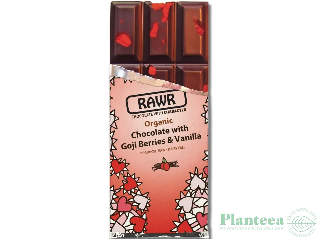 Ciocolata neagra 72%cacao goji vanilie raw eco 60g - RAWR