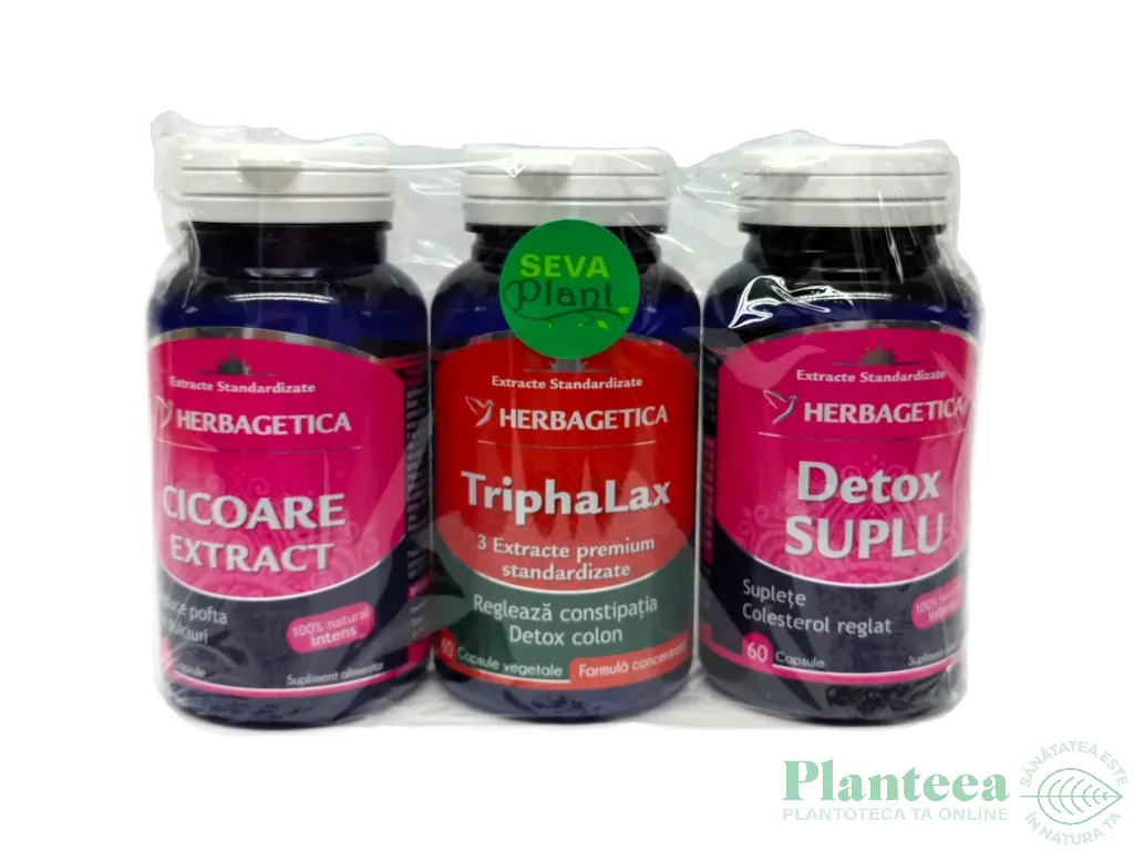 Kit intens Slabeste Natural [Detox suplu+TriphaLax+Cicoare] 3x60cps - HERBAGETICA