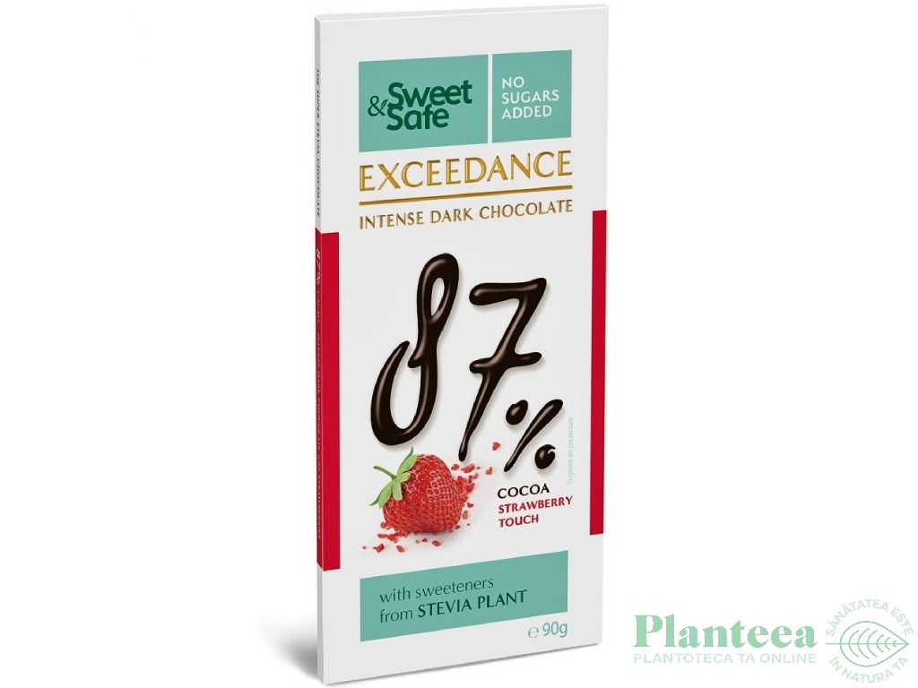 Ciocolata neagra 87%cacao capsuni stevia Exceedance 90g - SWEET&SAFE