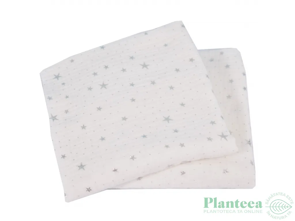 Set paturici muselina crem stelute argintii bebelusi 75x75cm 2b - PATURICA FERMECATA