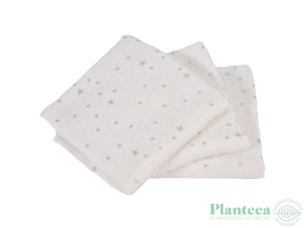 Set paturici muselina crem stelute argintii bebelusi 75x75cm 3b - PATURICA FERMECATA