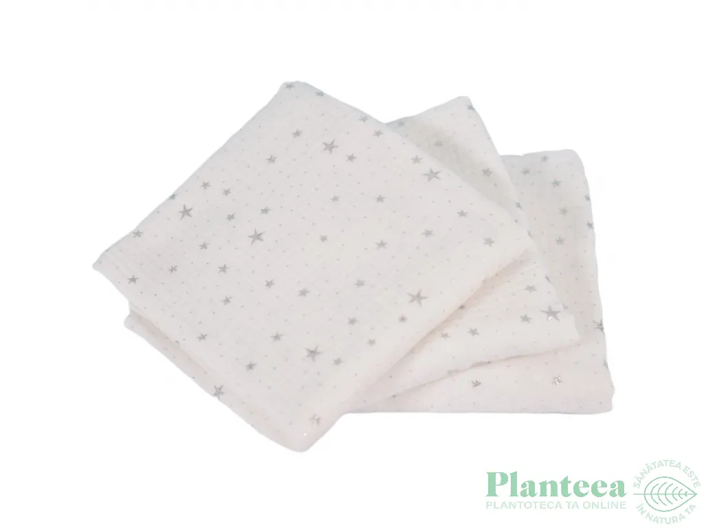 Set paturici muselina crem stelute argintii bebelusi 75x75cm 3b - PATURICA FERMECATA