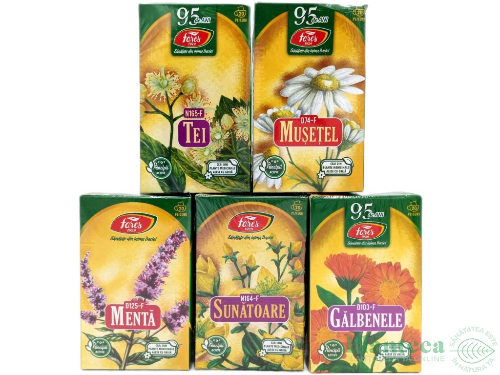 Set 5 Ceaiuri medicinale de baza [musetel, menta, sunatoare, tei, galbenele] 5x20dz - FARES