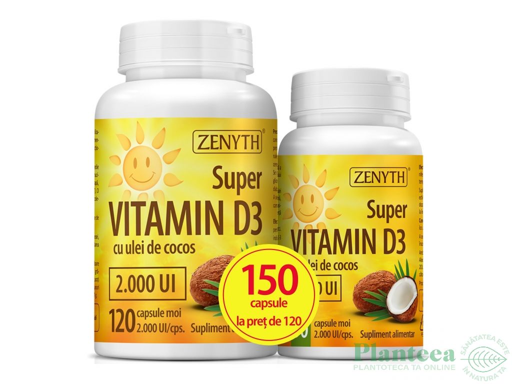 Pachet Super vitamina D3 2000ui ulei cocos 120+30cps - ZENYTH