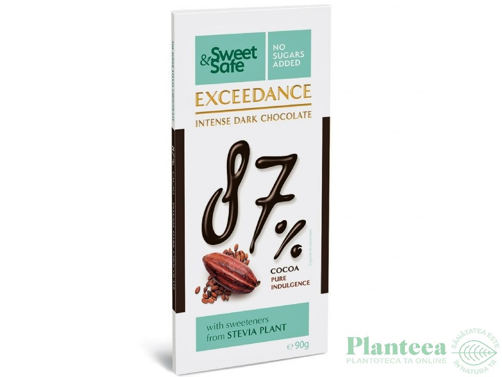 Ciocolata neagra 87%cacao stevia Exceedance 90g - SWEET&SAFE