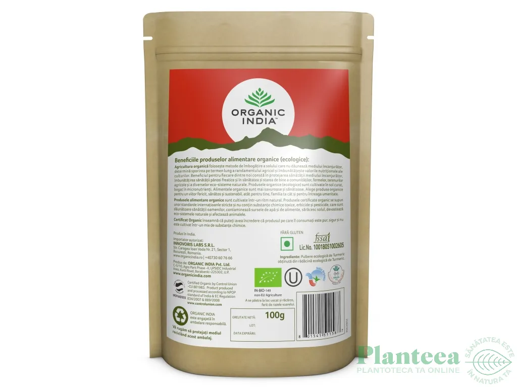 Pulbere turmeric fara gluten 100g - ORGANIC INDIA
