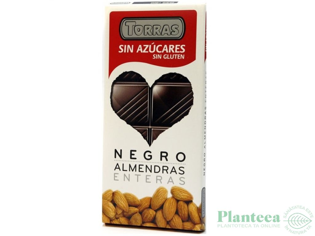 Ciocolata neagra 52%cacao migdale intregi fara zahar 150g - TORRAS