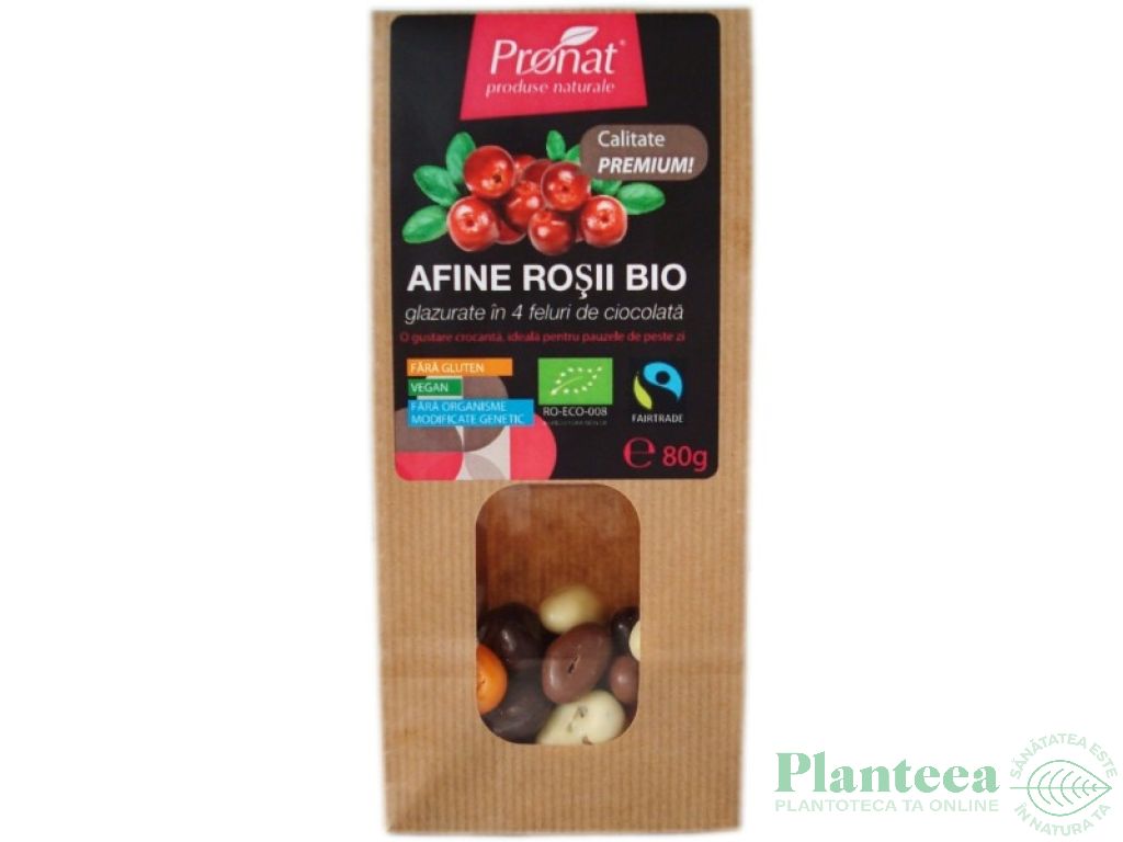 Boabe afine rosii invelite 4feluri ciocolata eco 80g - PRONAT