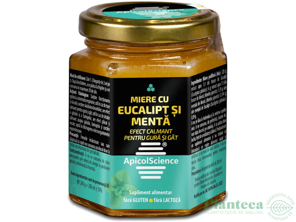 Miere cu eucalipt menta efect calmant gura gat 200ml - APICOL SCIENCE