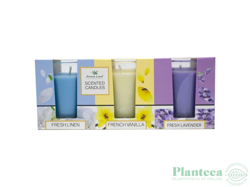 Set Lumanari parfumate pahar 10h [Fresh linen+French vanilla+Fresh lavender] 3x140g - AROMA LAND