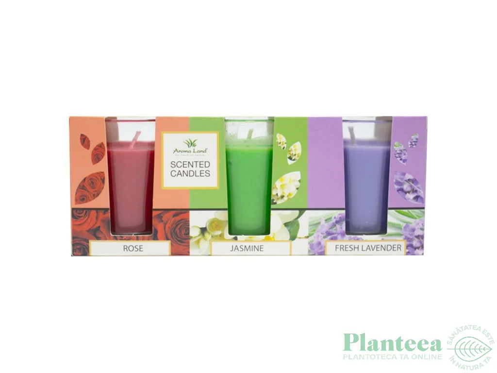 Set Lumanari parfumate pahar 10h [Fresh lavender+Jasmine+Rose] 3x140g - AROMA LAND