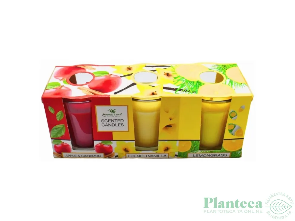 Set Lumanari parfumate pahar 10h [Apple&Cinnamon+French vanilla+Lemongrass] 3x140g - AROMA LAND