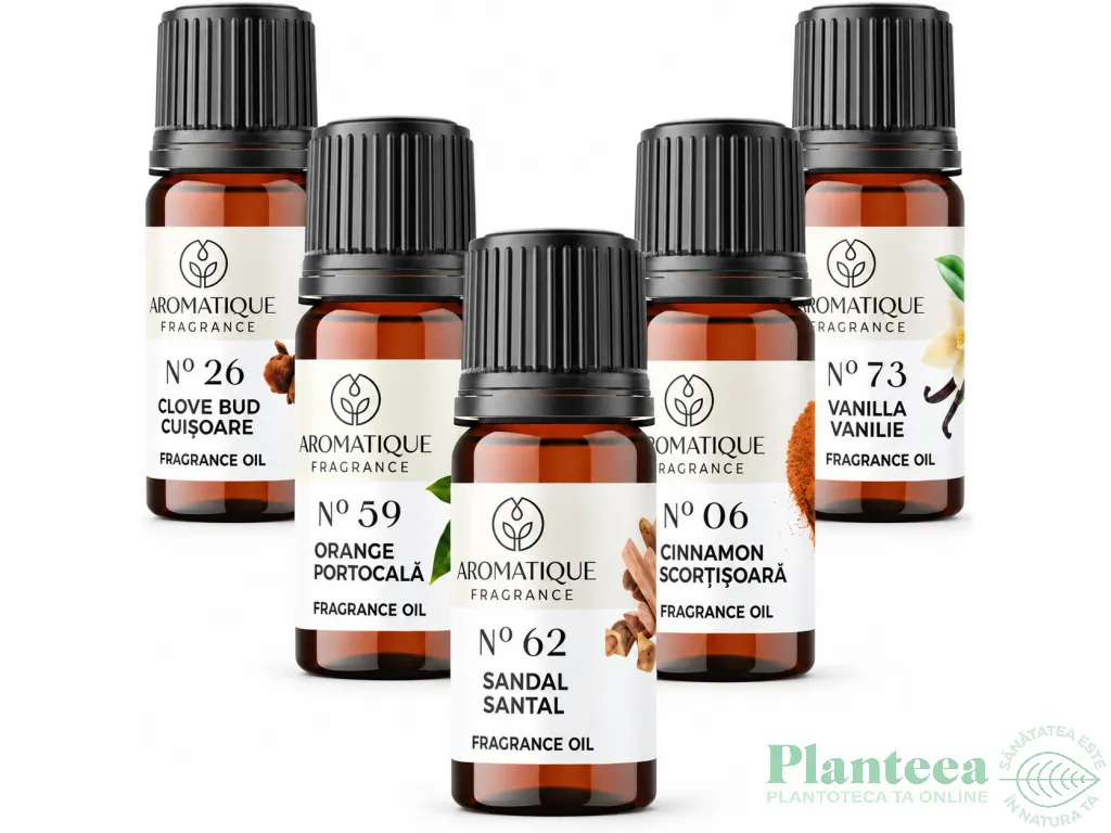 Kit 5 uleiuri aromo Esente Sarbatoare [Cuisoare+Portocala+Santal+Scortisoara+Vanilie] 10ml - AROMATIQUE