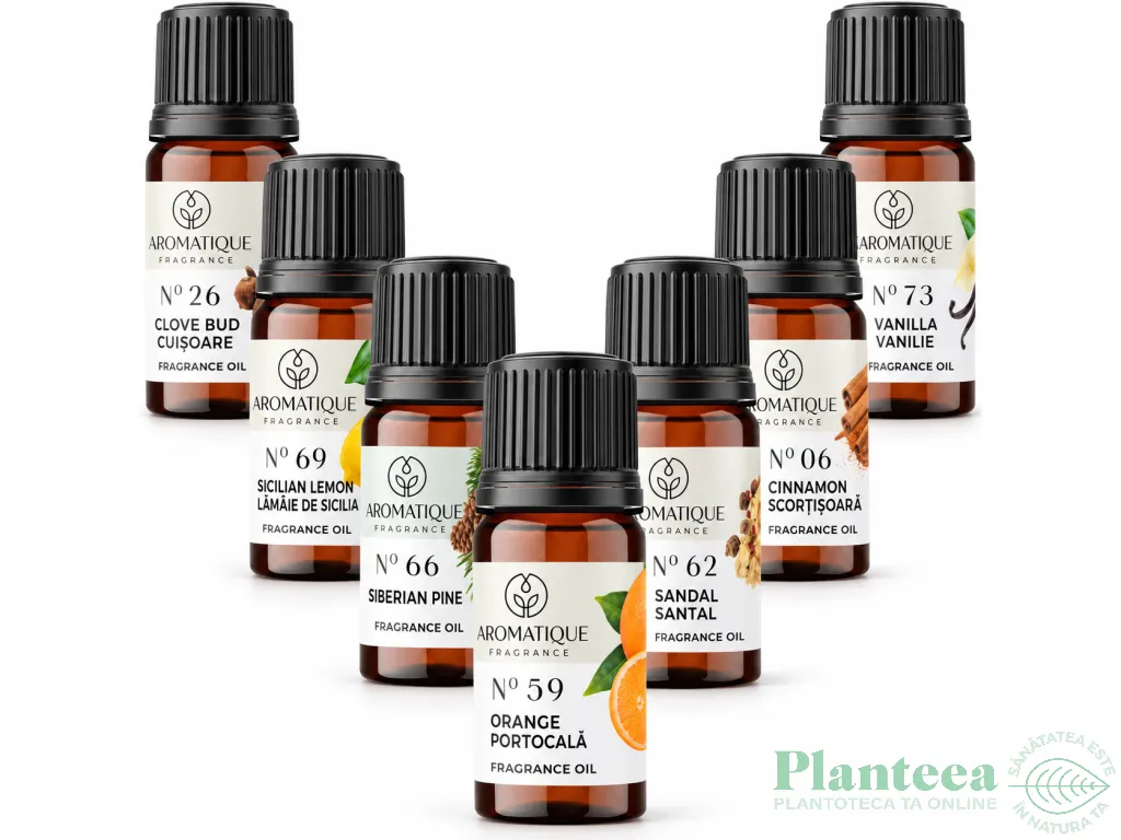 Kit 7 uleiuri aromo Esente Sarbatoare [Cuisoare+Lamaie+Pin+Portocala+Santal+Scortisoara+Vanilie] 10ml - AROMATIQUE