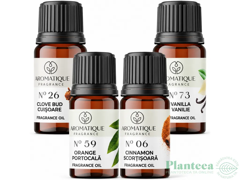 Kit 4 uleiuri aromo Esente Sarbatoare [Cuisoare+Portocala+Scortisoara+Vanilie] 10ml - AROMATIQUE