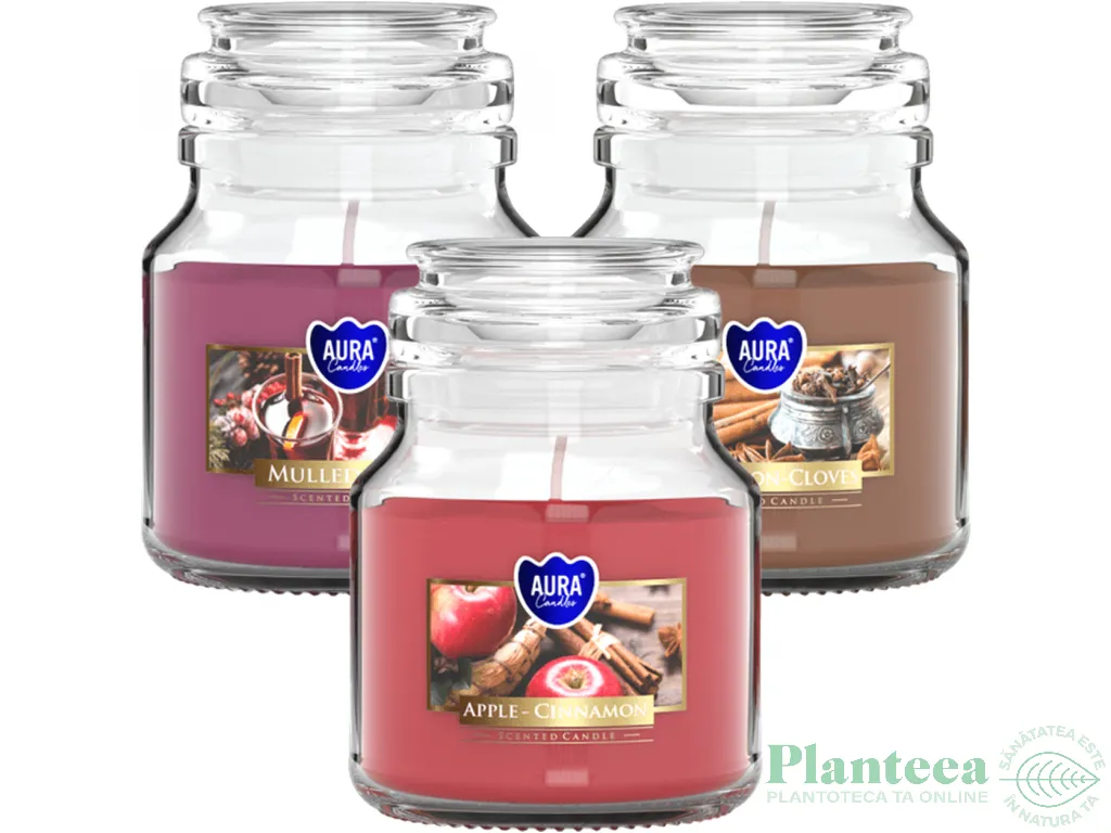Kit 3x Lumanari parfumate borcan cu capac 28h Miresme Sarbatori 3tipuri 120g - AURA