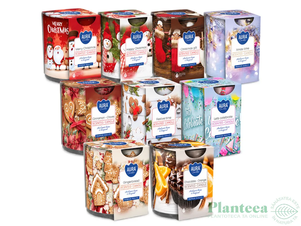 Kit 9x Lumanari parfumate pahar imprimat 22h Mirosuri de Poveste 9tipuri 100g - AURA
