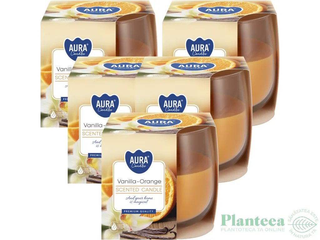 Set 5x Lumanari parfumate pahar 24h vanilie orange 130g - AURA