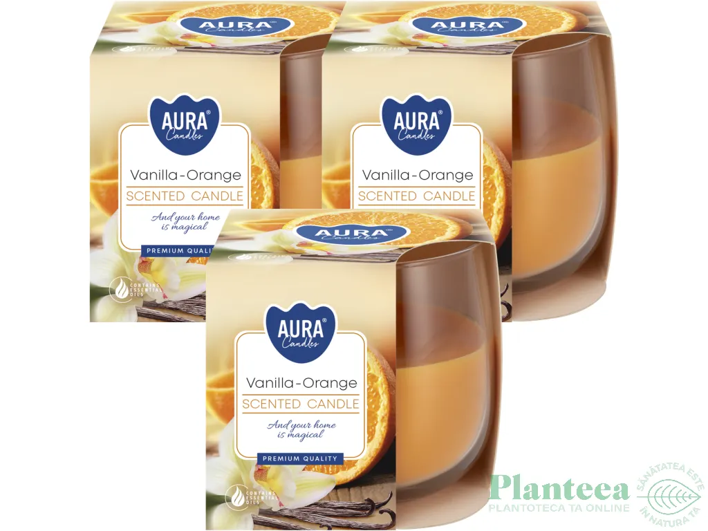 Set 3x Lumanari parfumate pahar 24h vanilie orange 130g - AURA